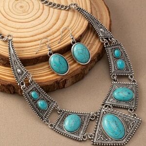 NEW Turquoise Western Silver‎ Statement Necklace and Earring Gift Set Preppy